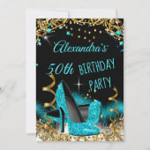 ティール（緑がかった色）ブルーハイヒール金ゴールドスパークルバースデーパーティー 招待状 (正面)
