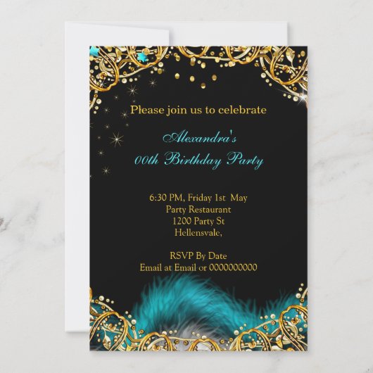 ティール（緑がかった色）ブルーハイヒール金ゴールドスパークルバースデーパーティー 招待状 (裏面)