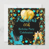 ティール(緑がかった色)ブルーハイヒール金ゴールドバルーンシャンパンパーティー 招待状 (正面)