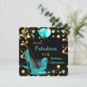 ティール（緑がかった色）ブルーハイヒール金ゴールドバルーン誕生日パーティー 招待状 (スタンド正面)