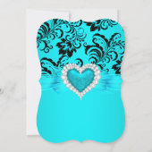 ティール(緑がかった色)ブルーハートスウィート16バースデーパーティーハイヒール 招待状 (裏面)