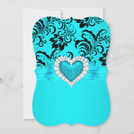 ティール（緑がかった色）ブルーハートスウィート16バースデーパーティーハイヒール 招待状 (裏面)