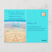 ティール（緑がかった色）ブルーハートズインザサンドビーチ結婚式ポストカー ポストカード (裏面)