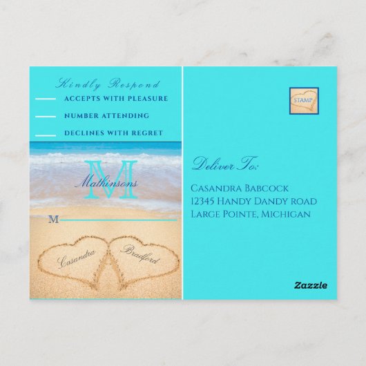 ティール（緑がかった色）ブルーハートズインザサンドビーチ結婚式ポストカー ポストカード (裏面)