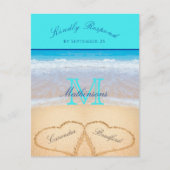 ティール（緑がかった色）ブルーハートズインザサンドビーチ結婚式ポストカー ポストカード (正面)