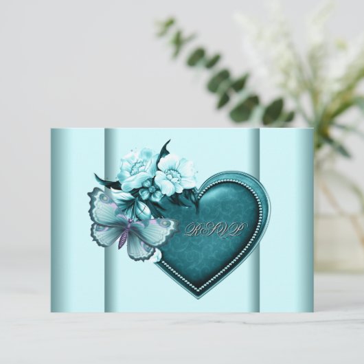 ティール(緑がかった色)ブルーハートバタフライティール(緑がかった色)ブルーRSVP 出欠カード (スタンド正面)