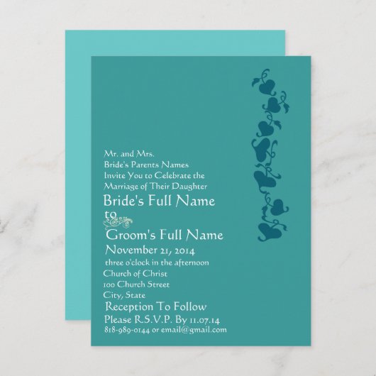 ティール（緑がかった色）ブルーハート結婚式招待状 インビテーションポストカード (正面/裏面)