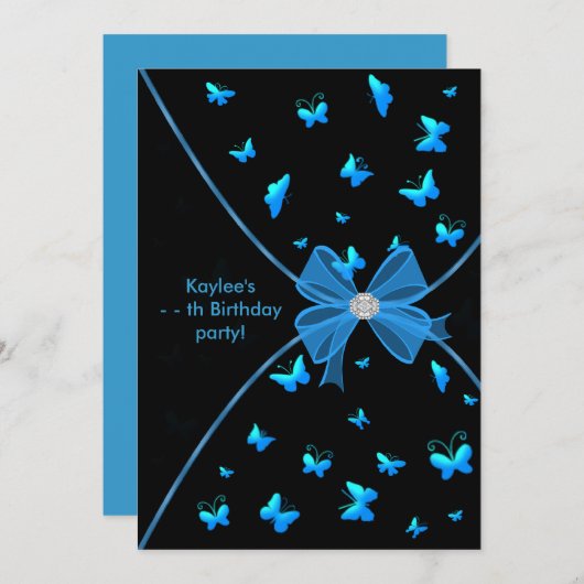 ティール（緑がかった色）ブルーバタフライガールズバースデーパーティー招待 招待状 (正面/裏面)