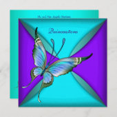 ティール（緑がかった色）ブルーバタフライキンセアニェラ15誕生日 招待状 (正面/裏面)