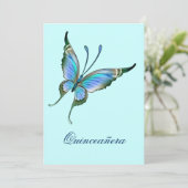 ティール（緑がかった色）ブルーバタフライキンセアニェラ15誕生日 招待状 (スタンド正面)