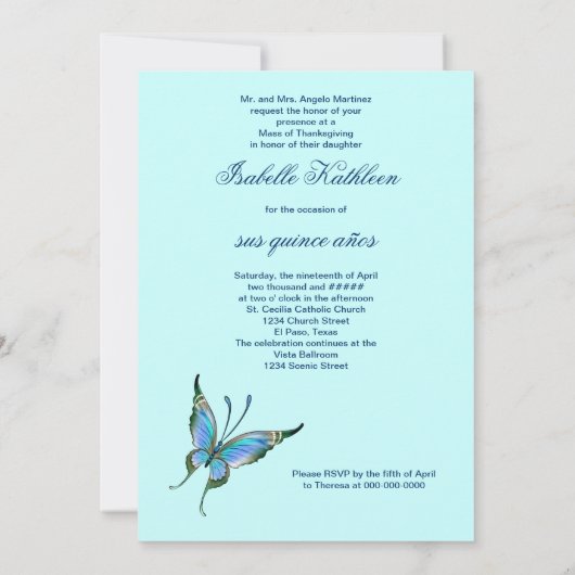 ティール（緑がかった色）ブルーバタフライキンセアニェラ15誕生日 招待状 (裏面)