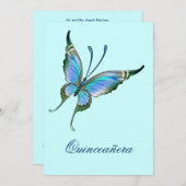 ティール（緑がかった色）ブルーバタフライキンセアニェラ15誕生日 招待状 (正面/裏面)