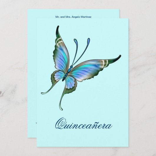 ティール（緑がかった色）ブルーバタフライキンセアニェラ15誕生日 招待状 (正面/裏面)