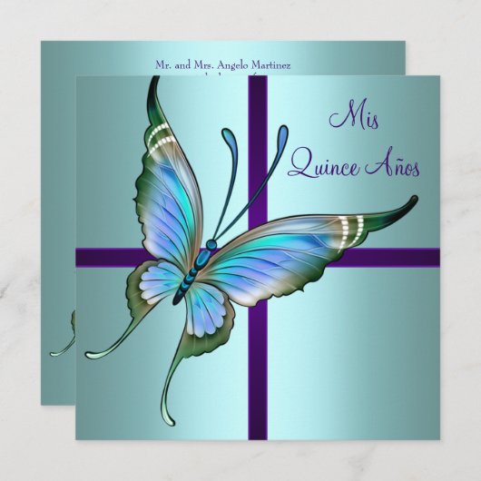 ティール（緑がかった色）ブルーバタフライキンセアニェラ 招待状 (正面/裏面)