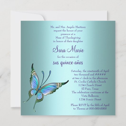 ティール（緑がかった色）ブルーバタフライキンセアニェラ 招待状 (裏面)