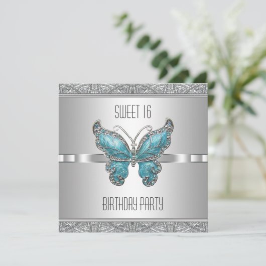 ティール（緑がかった色）ブルーバタフライスウィート16バースデーパーティー 招待状 (スタンド正面)