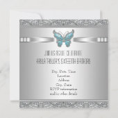 ティール（緑がかった色）ブルーバタフライスウィート16バースデーパーティー 招待状 (裏面)