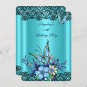 ティール（緑がかった色）ブルーバタフライフローラブラックレース誕生日 招待状 (正面/裏面)