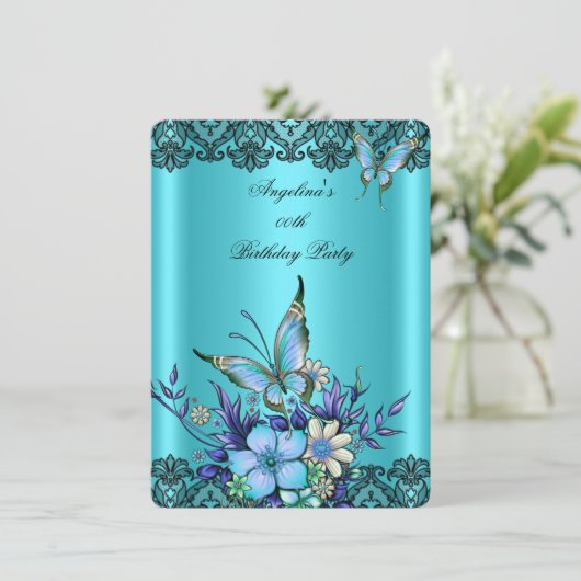 ティール(緑がかった色)ブルーバタフライフローラブラックレース誕生日 招待状 (スタンド正面)