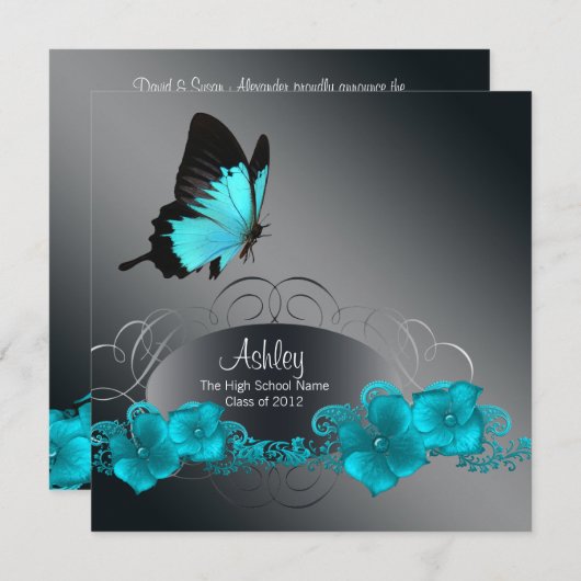 ティール（緑がかった色）ブルーバタフライ卒業発表 招待状 (正面/裏面)