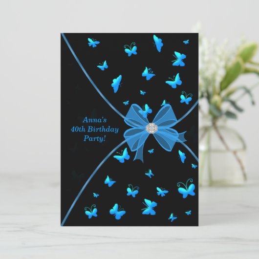 ティール（緑がかった色）ブルーバタフライ40th誕生日パーティの招待状 招待状 (スタンド正面)