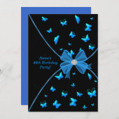 ティール（緑がかった色）ブルーバタフライ40th誕生日パーティの招待状 招待状 (正面/裏面)