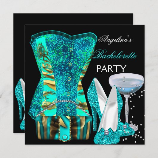 ティール(緑がかった色)ブルーバチェロレッテシューズコルセット 招待状 (正面/裏面)