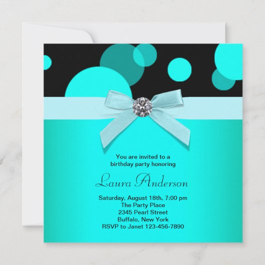 ティール（緑がかった色）ブルーバブル任意の数の誕生日パーティー 招待状 (裏面)