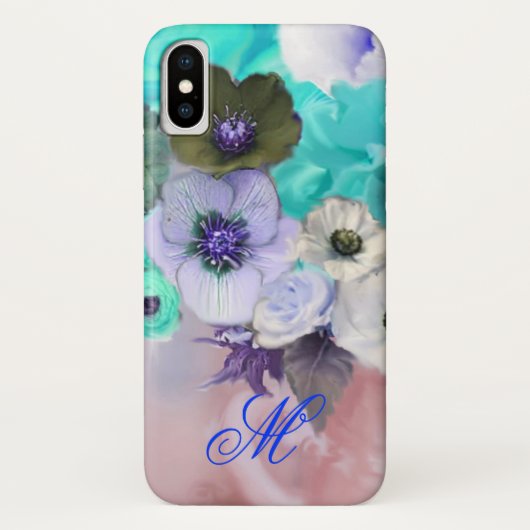 ティール（緑がかった色）ブルーバラと白アネモネ花モノグラム Case-Mate iPhoneケース (裏面)