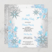 ティール（緑がかった色）ブルーバラウィンターワンダーランドスノーフレークパーティー 招待状 (正面/裏面)