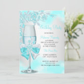ティール（緑がかった色）ブルーバラシャンパンホワイトフローラパーティー 招待状 (スタンド正面)