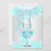 ティール（緑がかった色）ブルーバラシャンパンホワイトフローラパーティー 招待状 (裏面)