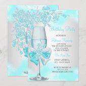 ティール（緑がかった色）ブルーバラシャンパンホワイトフローラパーティー 招待状 (正面/裏面)
