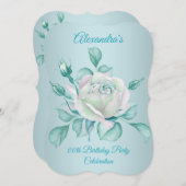 ティール（緑がかった色）ブルーバラバースデーパーティー招待状 セーブザデート (正面/裏面)