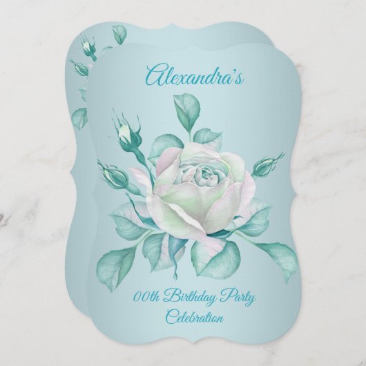 ティール(緑がかった色)ブルーバラバースデーパーティー招待状 セーブザデート (正面/裏面)