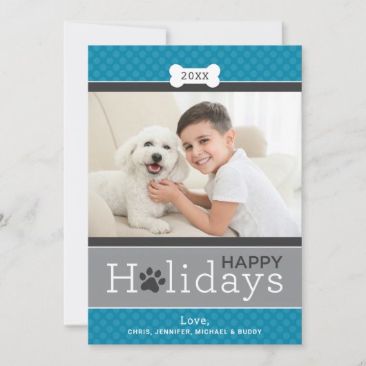 ティール(緑がかった色)ブルーパピーモダンドッグテーマハッピーホリデイズ シーズンカード (正面)