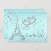 ティール(緑がかった色)ブルーパリマスカレードパーティー日付を保存 案内ポストカード (正面/裏面)