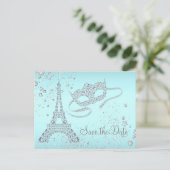 ティール(緑がかった色)ブルーパリマスカレードパーティー日付を保存 案内ポストカード (スタンド正面)