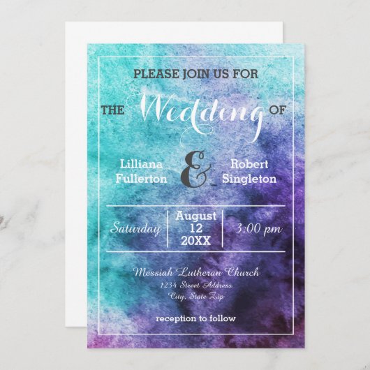ティール（緑がかった色）ブルーパープルウォーターカラー – 結婚式招待状 招待状 (正面/裏面)