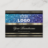 ティール（緑がかった色）ブルーパープルグラデーショングリッター追加ロゴ金ゴールドブラック 名刺 (正面)