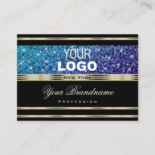 ティール（緑がかった色）ブルーパープルグラデーショングリッター追加ロゴ金ゴールドブラック 名刺 (正面)
