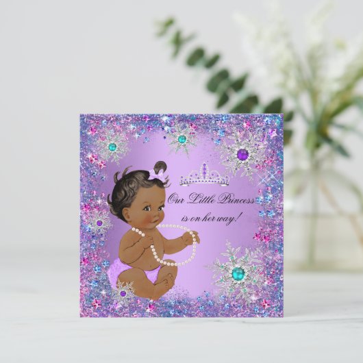 ティール（緑がかった色）ブルーパープルピンクプリンセス赤ちゃんシャワーエスニック 招待状 (スタンド正面)