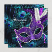 ティール（緑がかった色）ブルーパープルピーコックマスカレードパーティー 招待状 (正面/裏面)