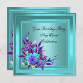ティール(緑がかった色)ブルーパープルフローラエレガントパーティー 招待状 (正面/裏面)