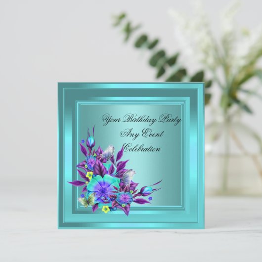 ティール（緑がかった色）ブルーパープルフローラエレガントパーティー 招待状 (スタンド正面)