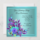 ティール(緑がかった色)ブルーパープルフローラエレガントパーティー 招待状 (裏面)