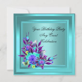 ティール（緑がかった色）ブルーパープルフローラエレガントパーティー 招待状 (正面)