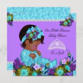 ティール(緑がかった色)ブルーパープルプリンセスベビーシャワーガールA1 招待状 (正面/裏面)