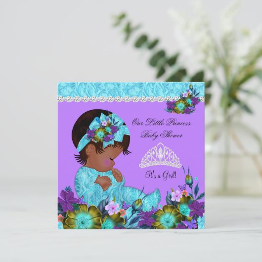 ティール（緑がかった色）ブルーパープルプリンセスベビーシャワーガールA1 招待状 (スタンド正面)