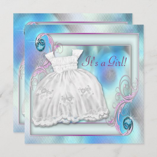 ティール(緑がかった色)ブルーパープルベビーガールシャワー招待状 招待状 (正面/裏面)